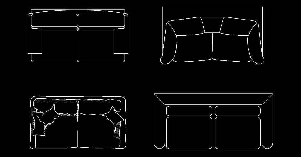 Blocs CAD 2D de canapés deux places avec vues en plan DWG.
