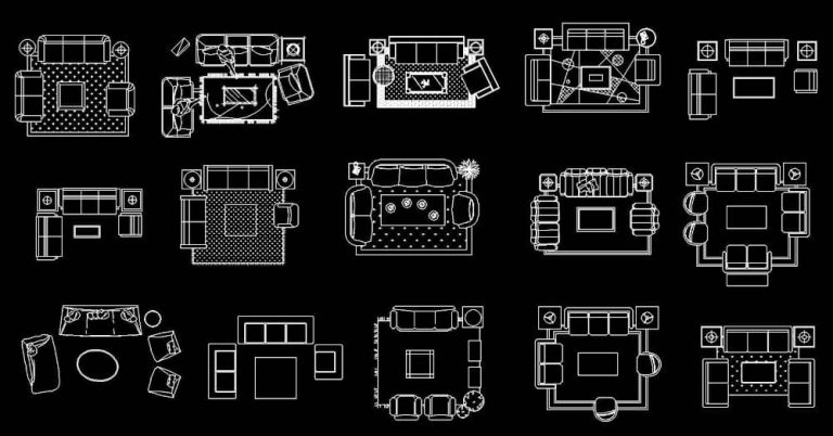 Collection of 15 Living Room CAD Blocks: 2D Plan Views DWG