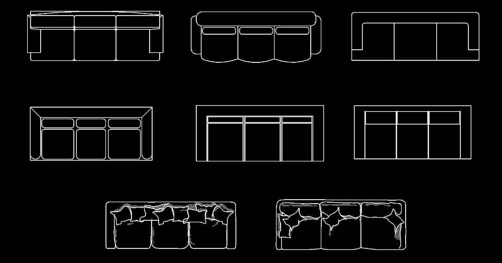 Téléchargement gratuit de blocs CAD de canapés 3 places avec vues en plan 2D DWG.